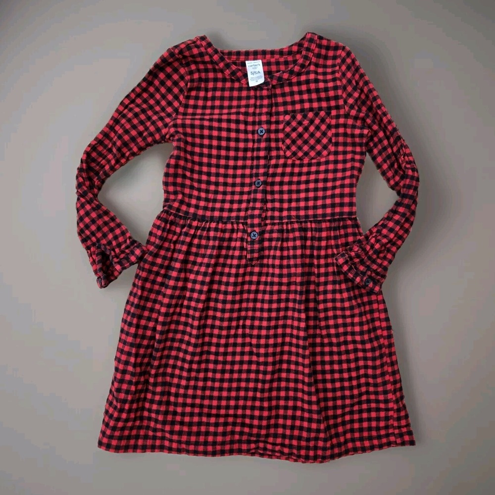 Girls Carter Red & Black Plaid Shirt Dress Christmas Holiday ‎ Size 5/5A - MC1